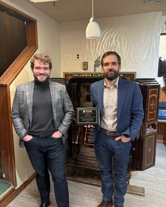Jeff and Kyle at the historic Diebold safe at Ed Barbo's Columbia Clothing