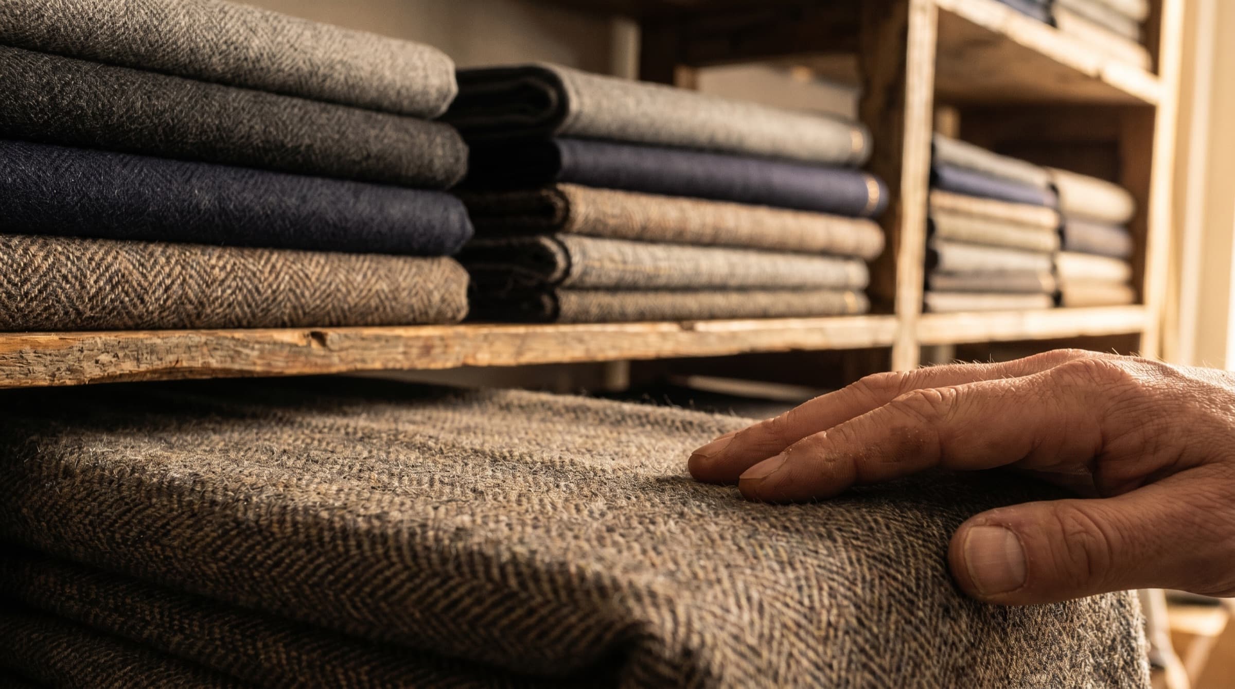Bolts of cloth, a hand on herringbone