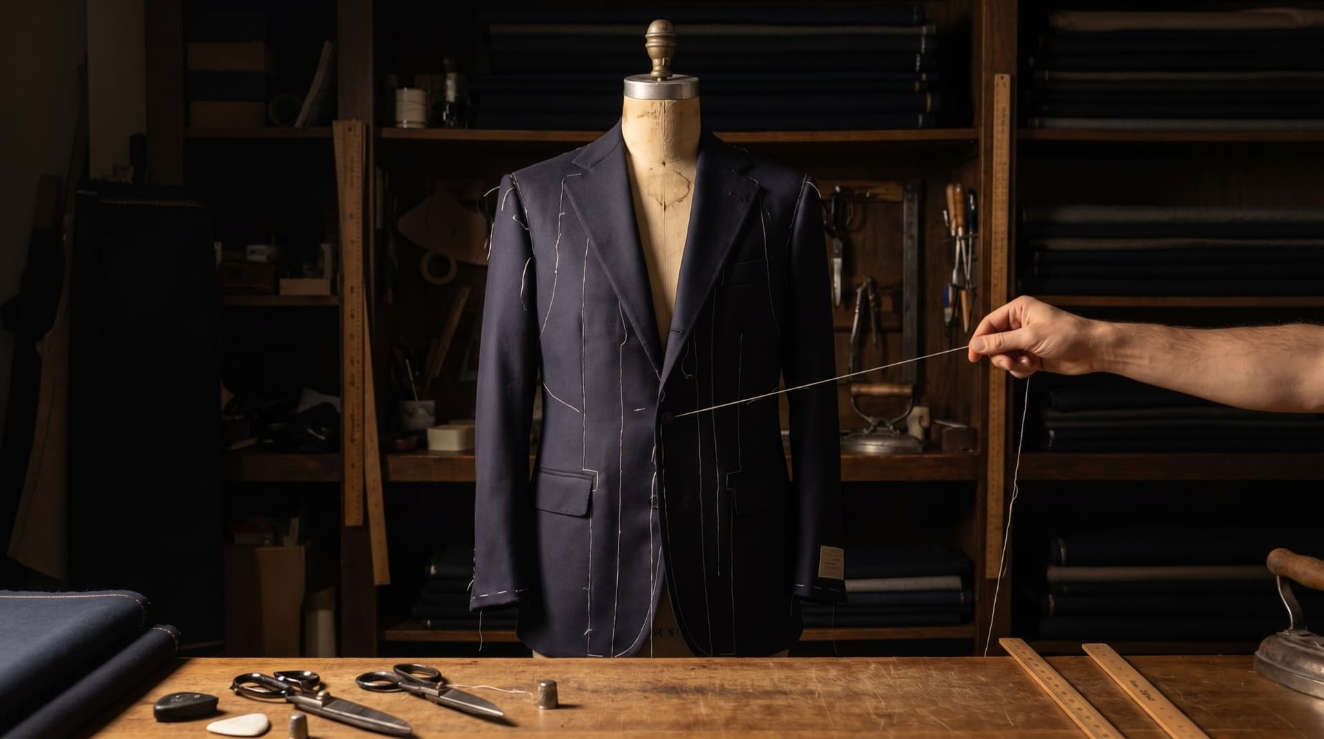 A made-to-measure coat in progress, basting threads still in