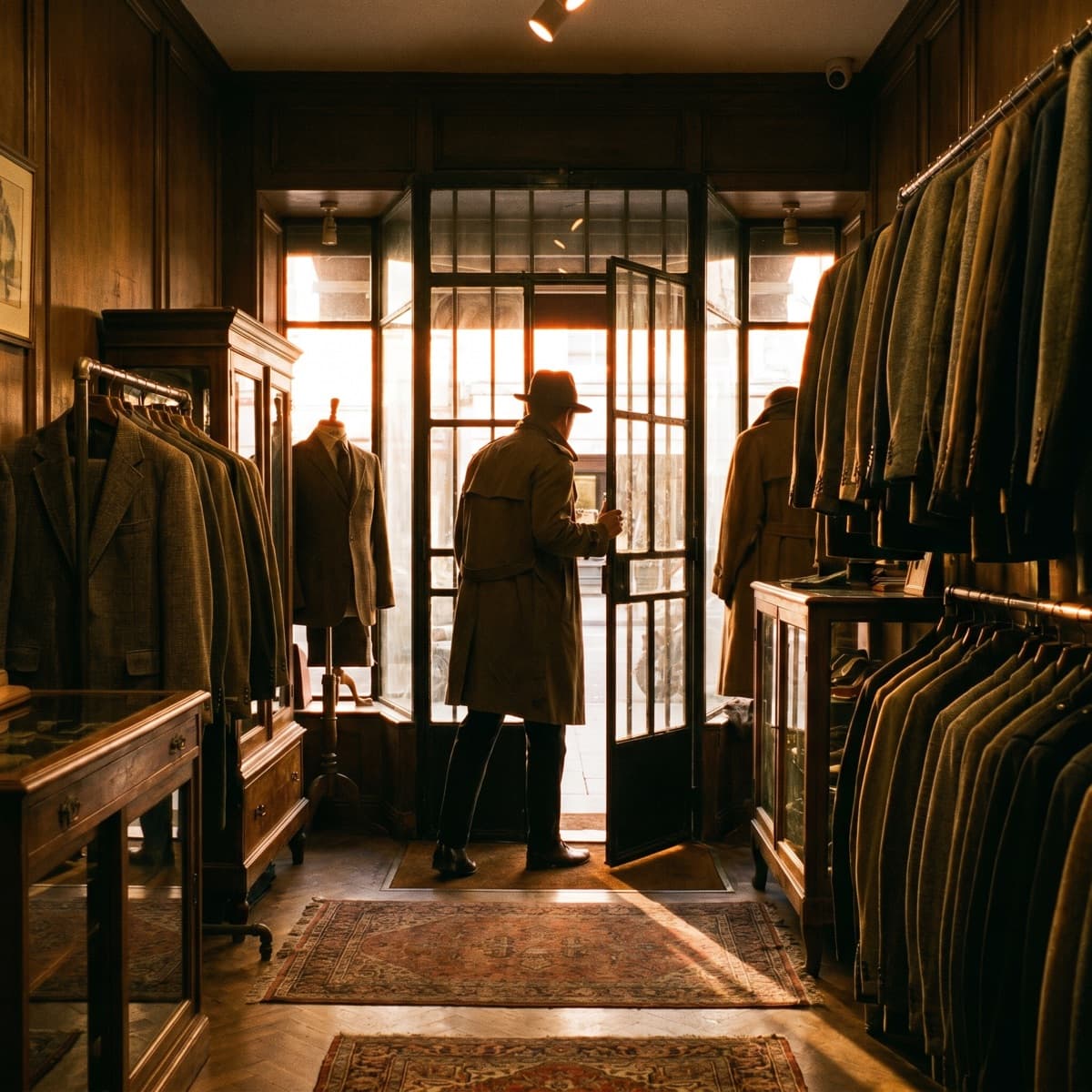 A silhouette pushing open the store door at golden hour