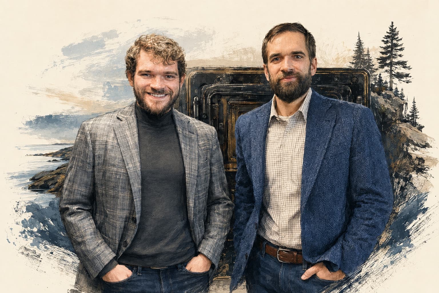 Illustrated portrait of Jeff and Kyle Dickinson with the historic safe and a northern shoreline