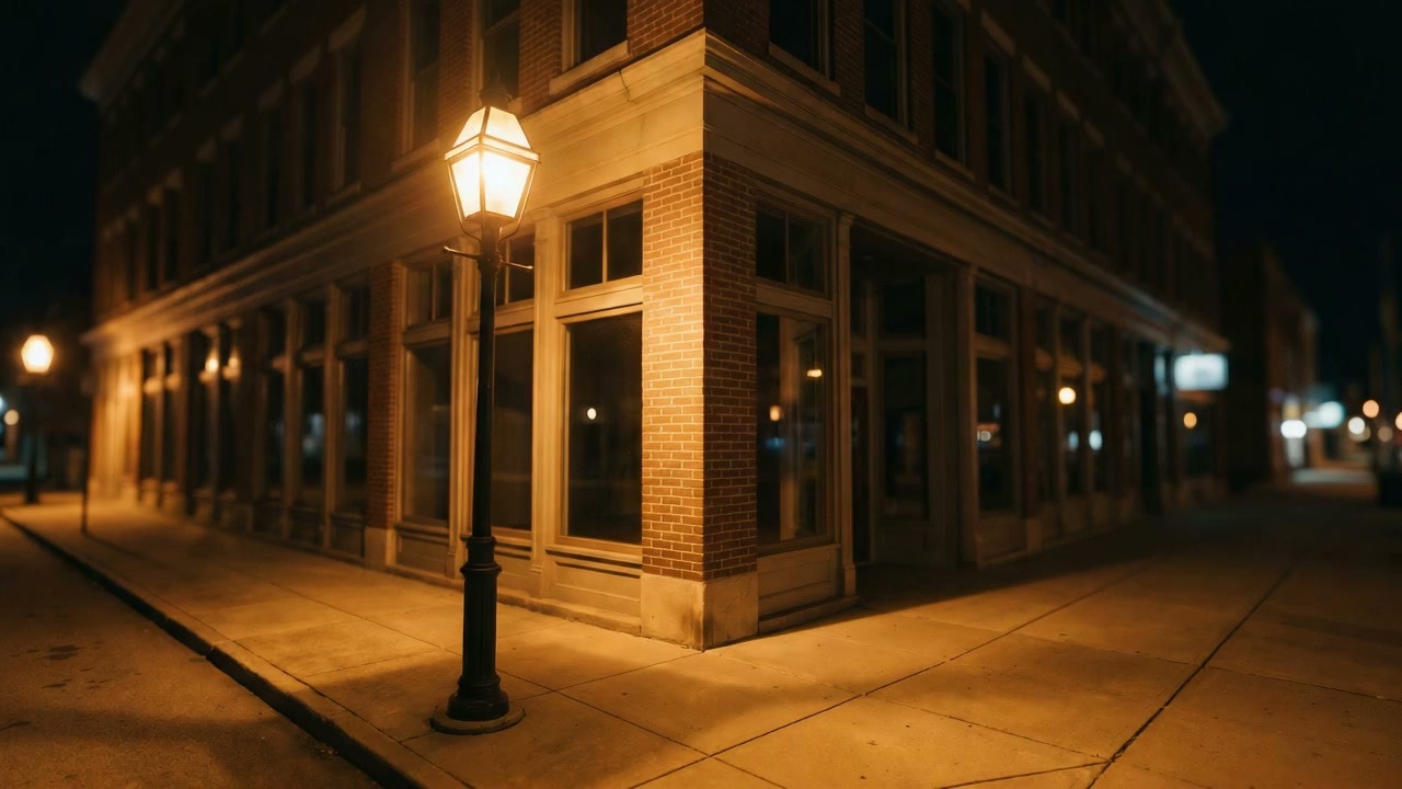 The Columbia corner building at dusk, a slow drift