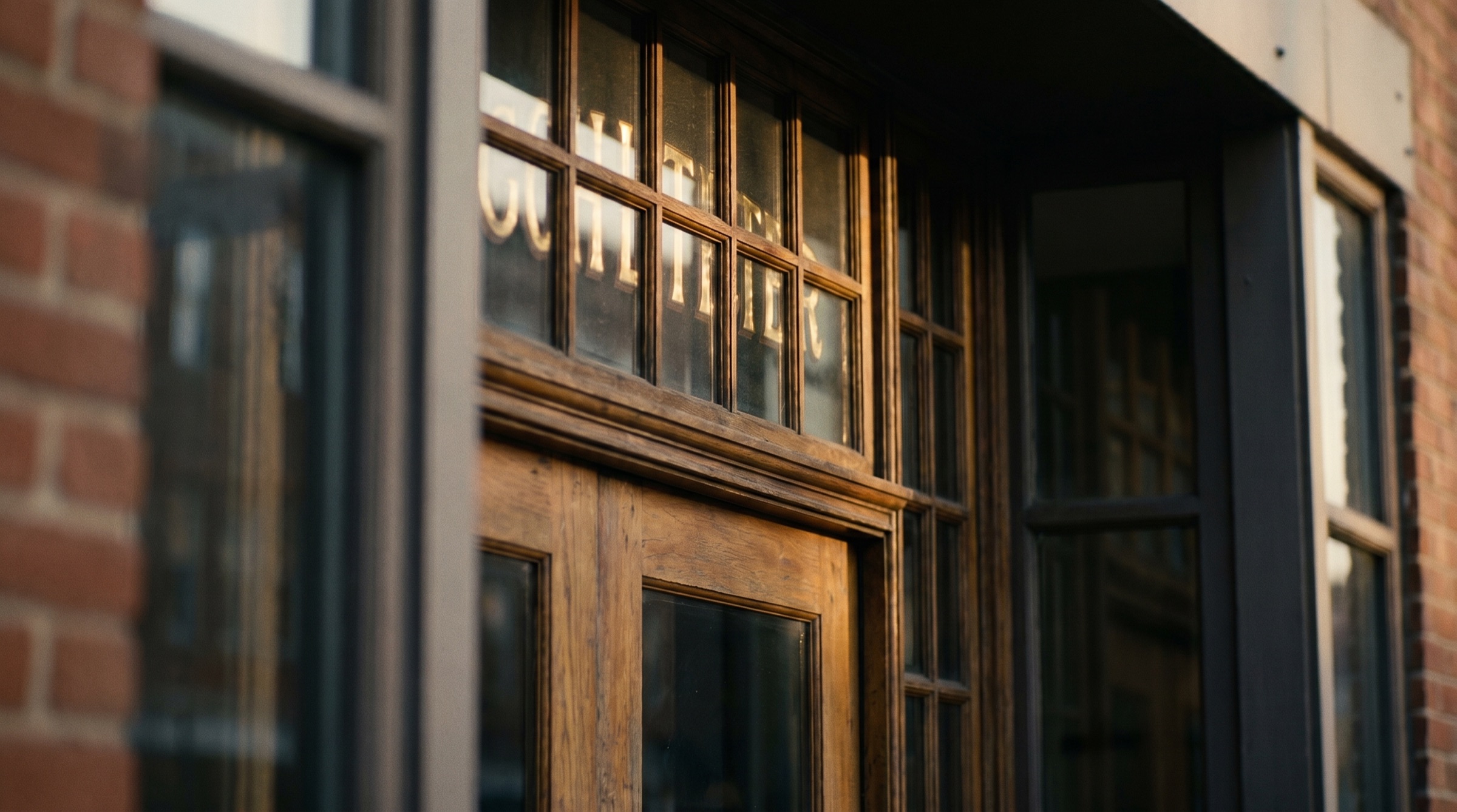 Brass letters over the door, lit from inside