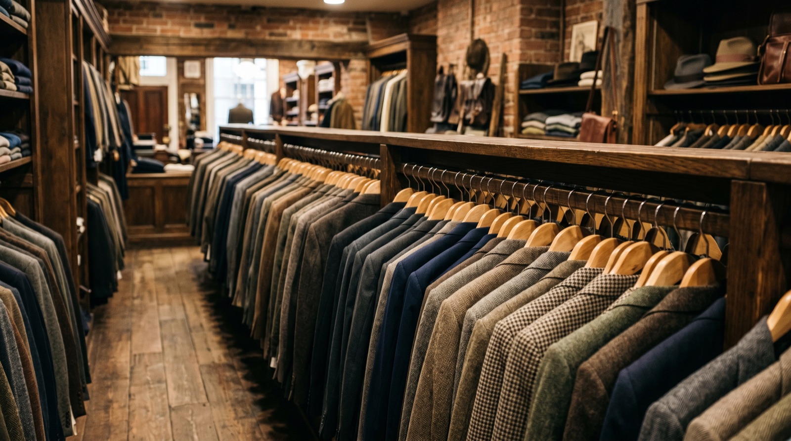 A menswear rack receding into the store